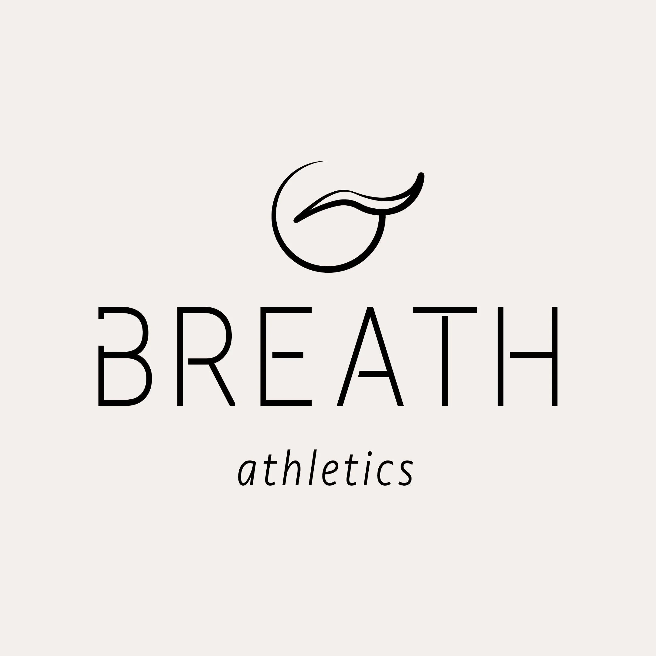 All black logo for BREATH athletics, featuring an incomplete circle with a swish through the right, representing air/breath, centered over "BREATH" below, with "athletics" in lower case italic font.