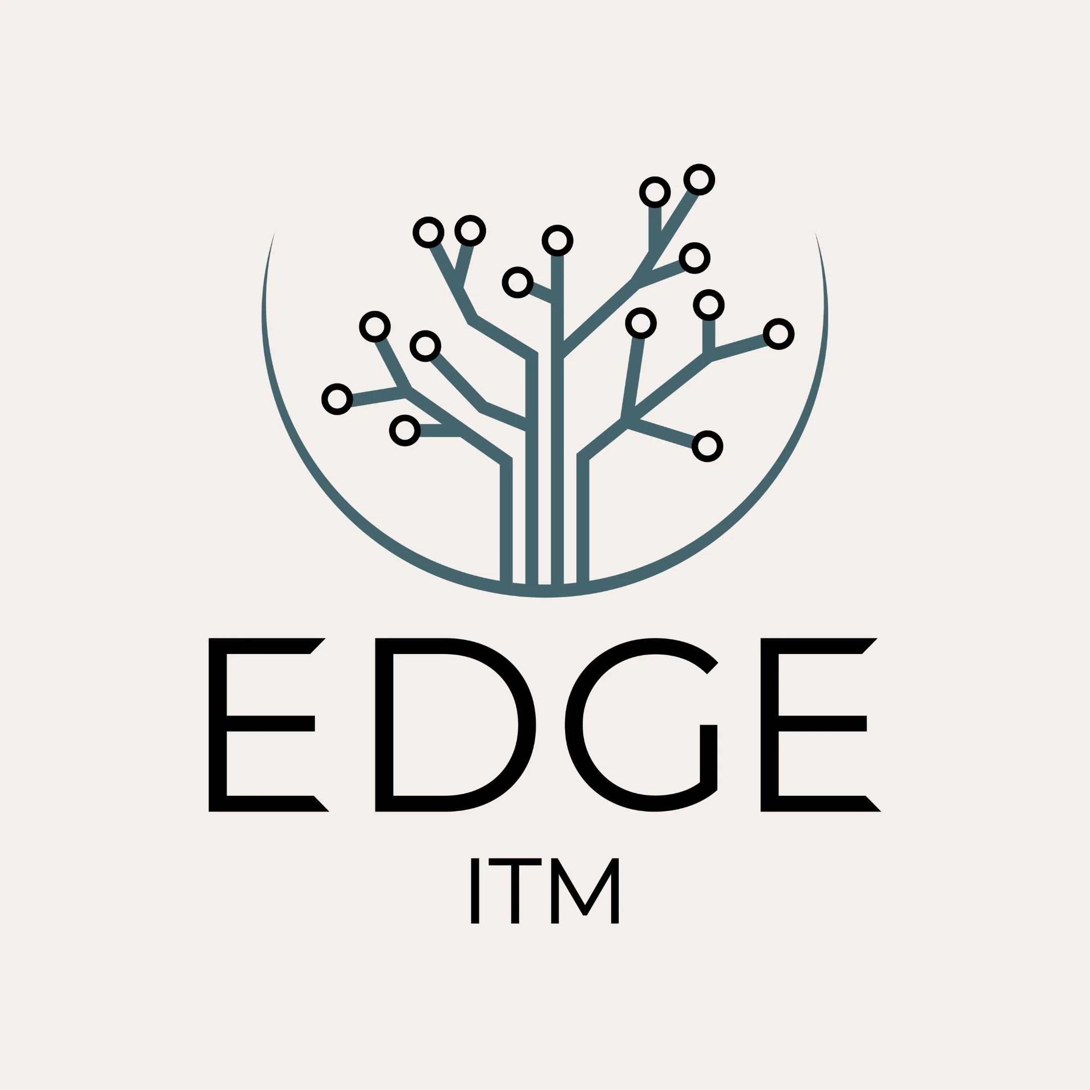 Blue and black logo for "EDGE ITM" featuring the name centered underneath a tree in a semi circle with circuits serving as branches and leaves.
