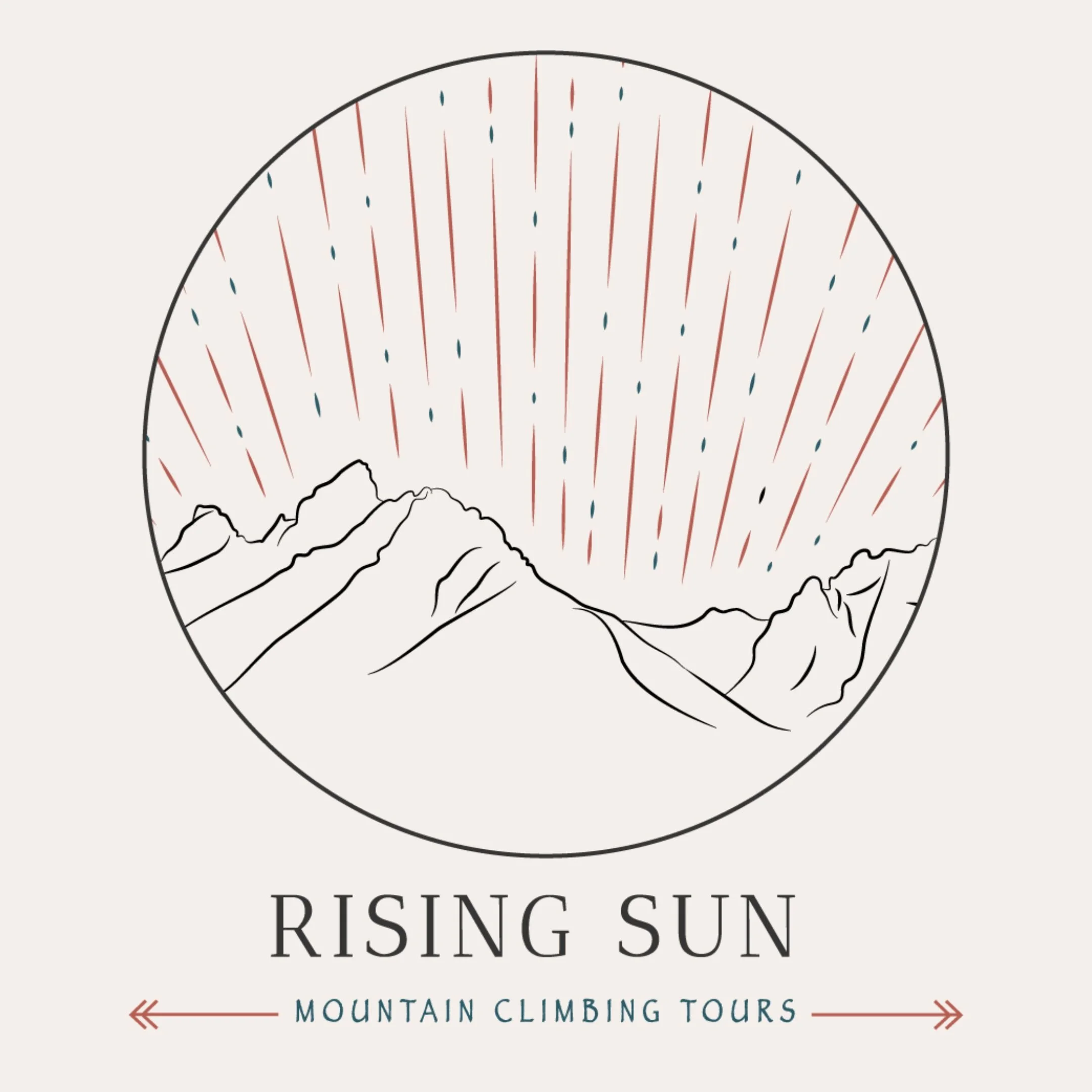 Black mountain outline with red and black lines emerging from tops to represent rising sun is placed inside black circle. "RISING SUN" is centered below, and "MOUNTAIN CLIMBING TOURS" is centered below that with red arrows on either side.
