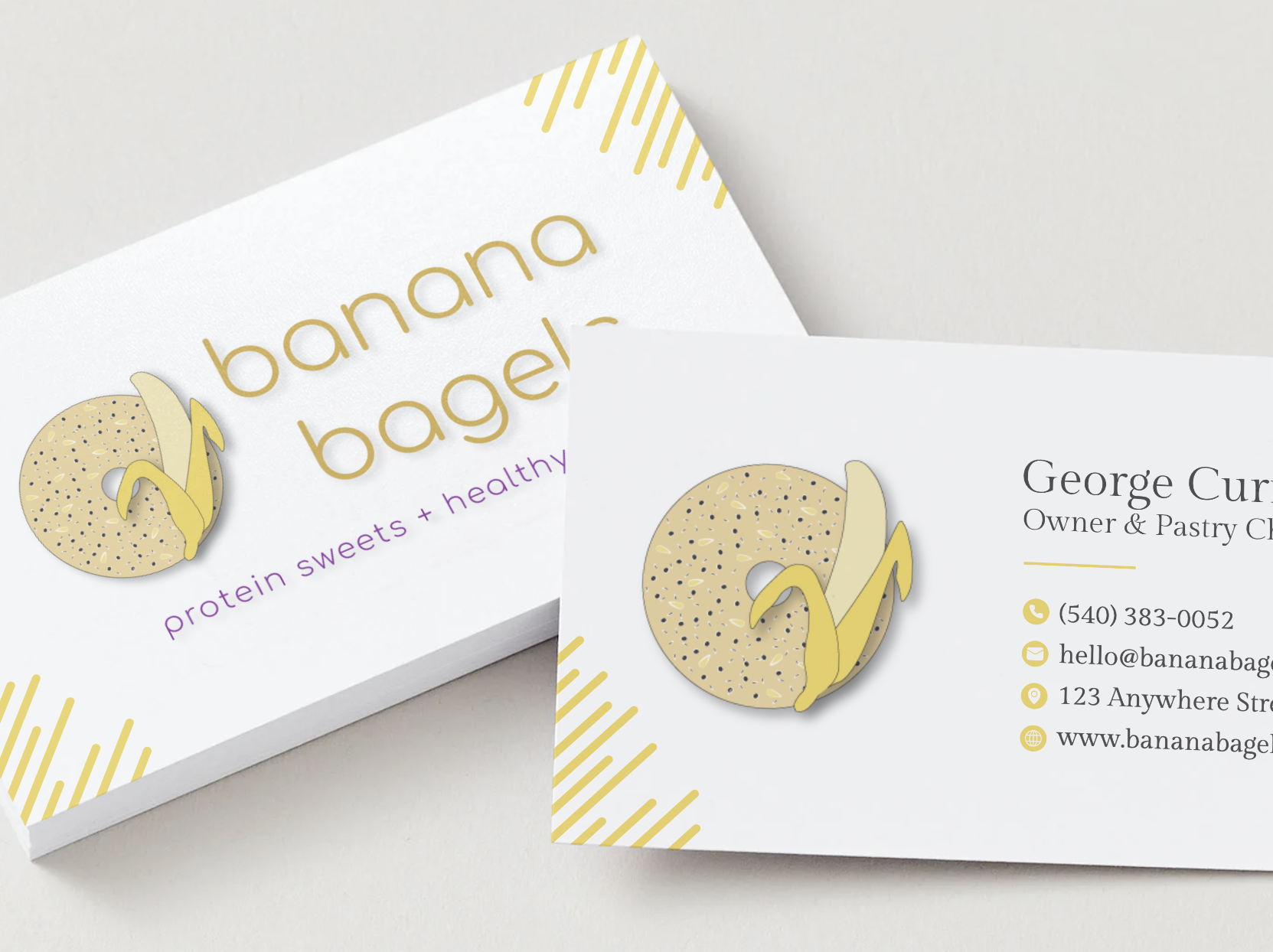 Left card: white background, full color logo centered, yellow line design top right & bottom left corners. Right card: White background, bagel & banana only on left, owner name and info on right, partially visible, yellow line design bottom right.
