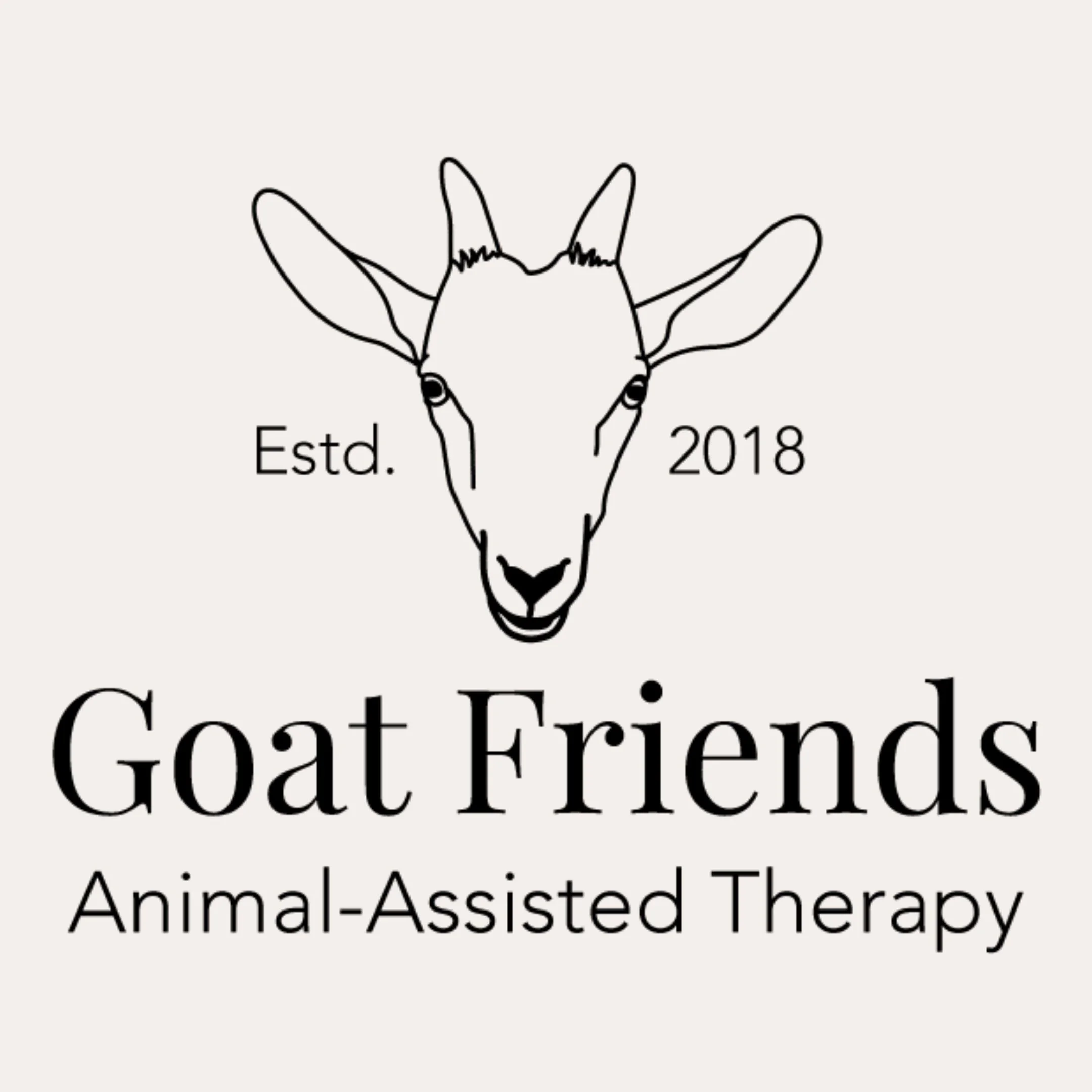 Outline of goat head with "Estd." and "2018" on either side, centered above "Goat Friends," which is centered above "Animal-Assisted Therapy." Logo is in all black.