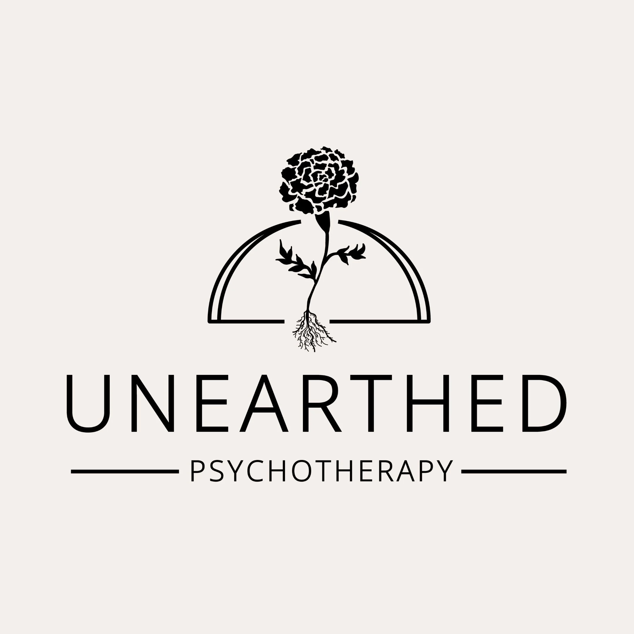 All black logo for "Unearthed Psychotherapy" featuring a marigold with exposed roots in front of a semi circle, placed above business name, with two black lines on either side of "Psychotherapy."