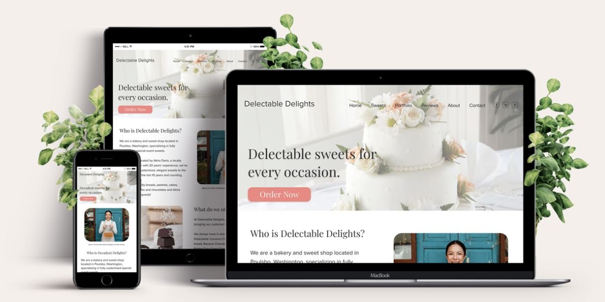 New home page is mocked up on mobile, tablet, and laptop, with plant accents on the left, top middle, and right.