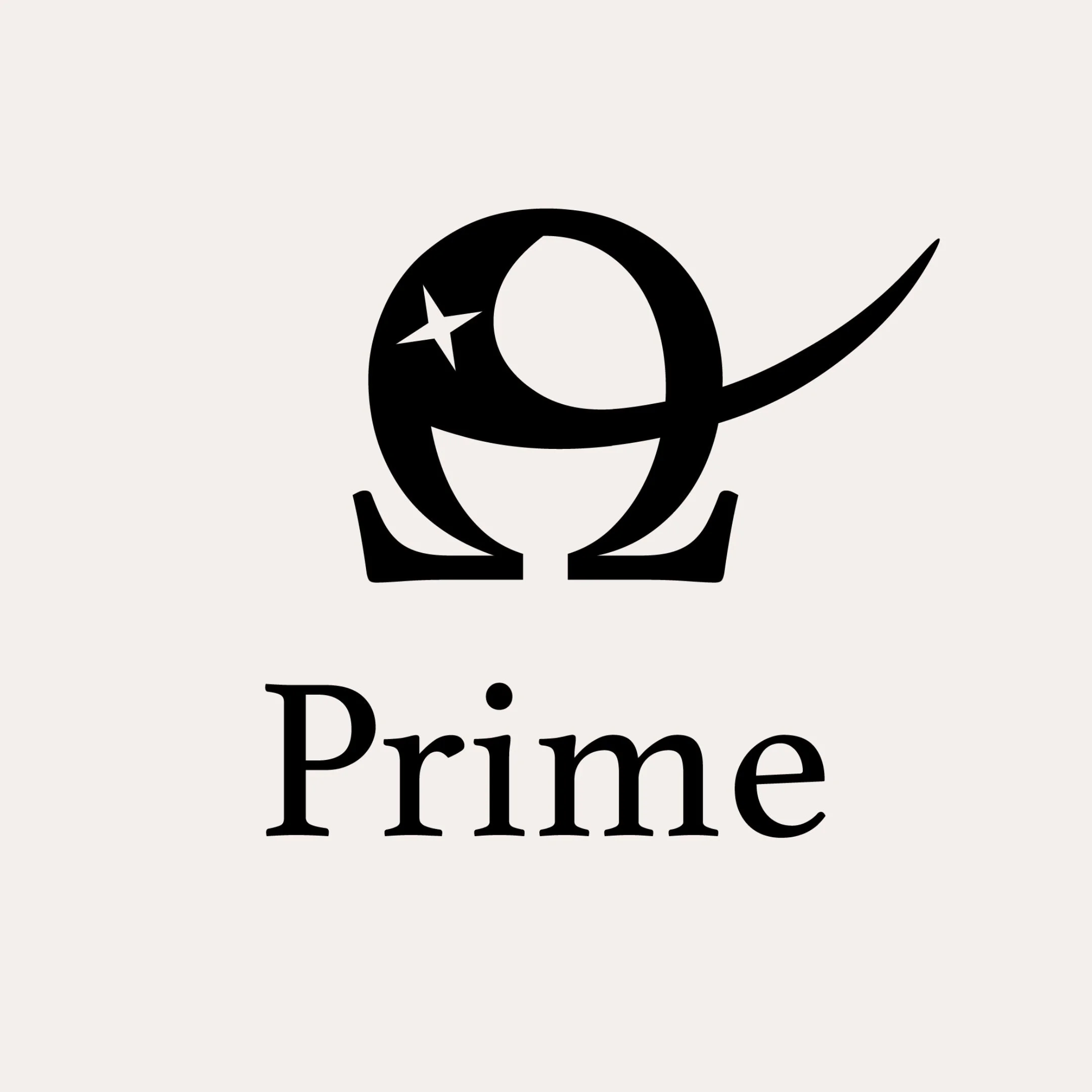 All black logo for Prime Solutions Biomedical featuring an omega (Greek letter) with a swish and star, and "Prime" underneath.