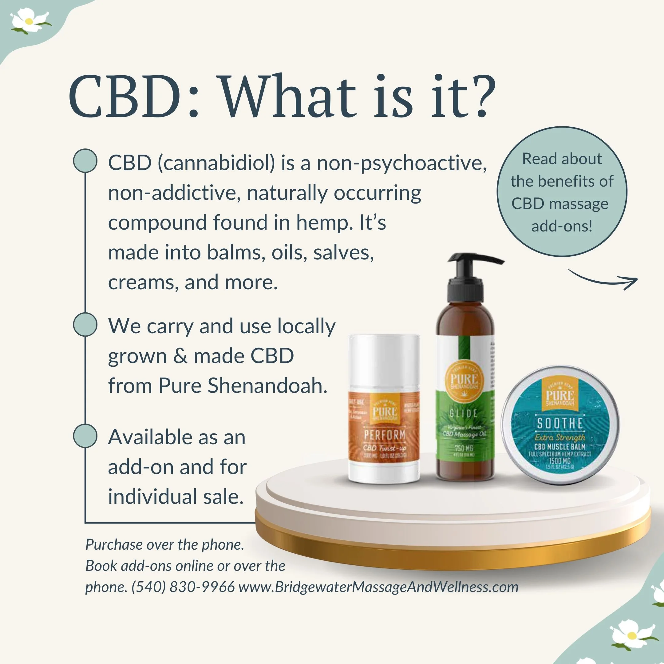 Social media graphic showing 3 products for sale on the right (a tube, bottle, and tin), and text describing ingredient on left.