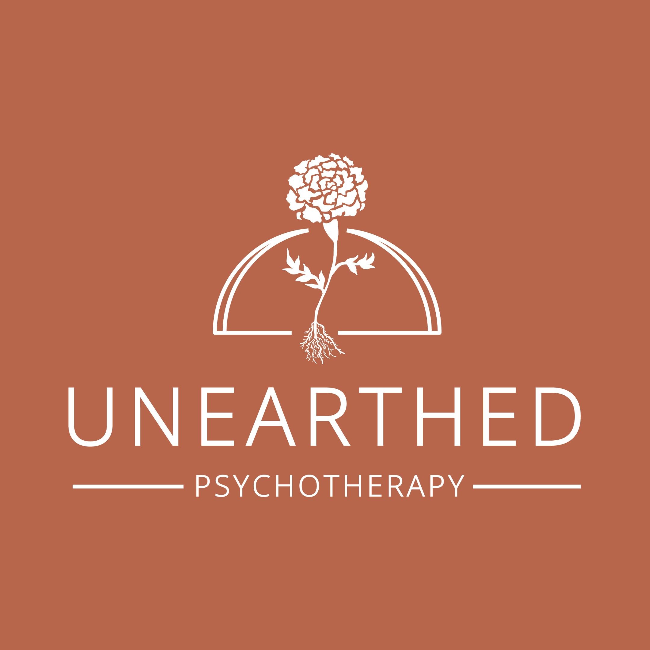 All white logo for "Unearthed Psychotherapy" featuring a marigold with exposed roots in front of a semi circle, placed above business name, with two black lines on either side of "Psychotherapy."