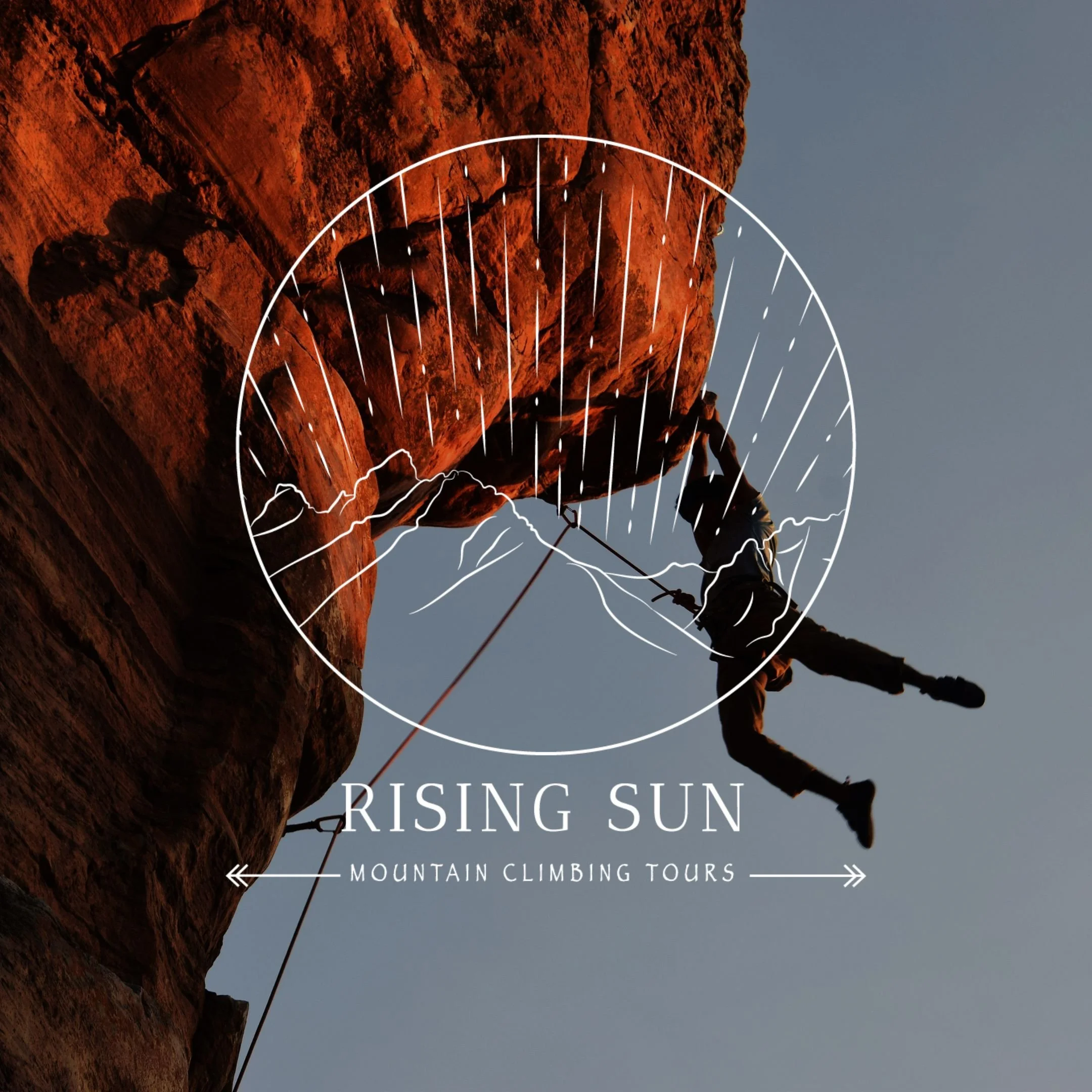 Circular all white logo is centered over image of mountain climber hanging from edge of rocky mountain with a rope securing him and a gray sky behind