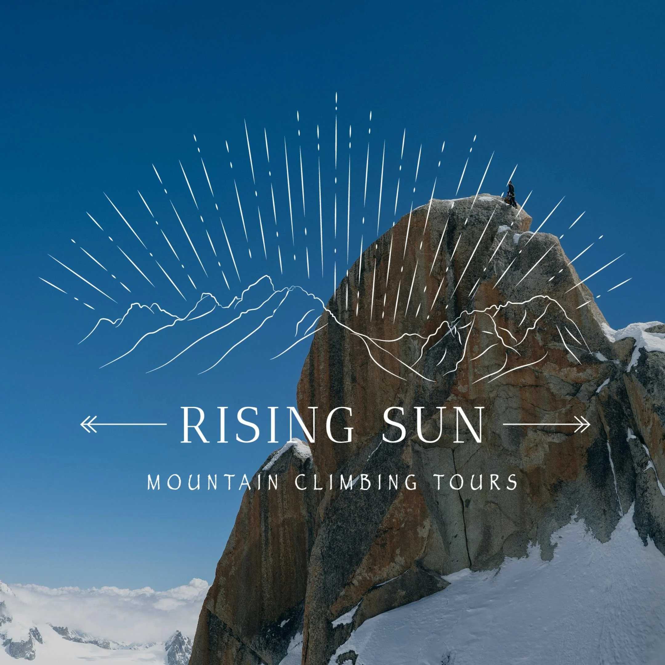 White logo is centered over image of mountain climber at the top of a snowy mountain with clear blue sky behind.
