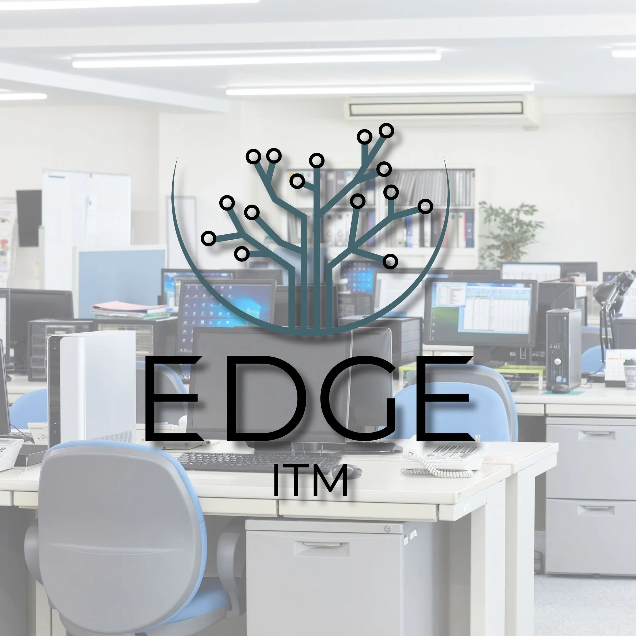 Blue and black logo design shown over image of office space with multiple desks and computers