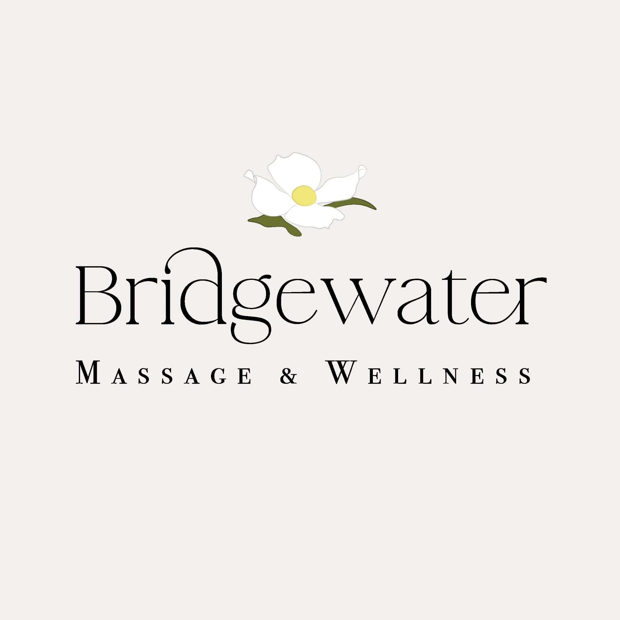 Logo: A white dogwood flower with a yellow center and green leaves is placed above "Bridgewater" which is above "MASSAGE & WELLNESS". All lettering is black.