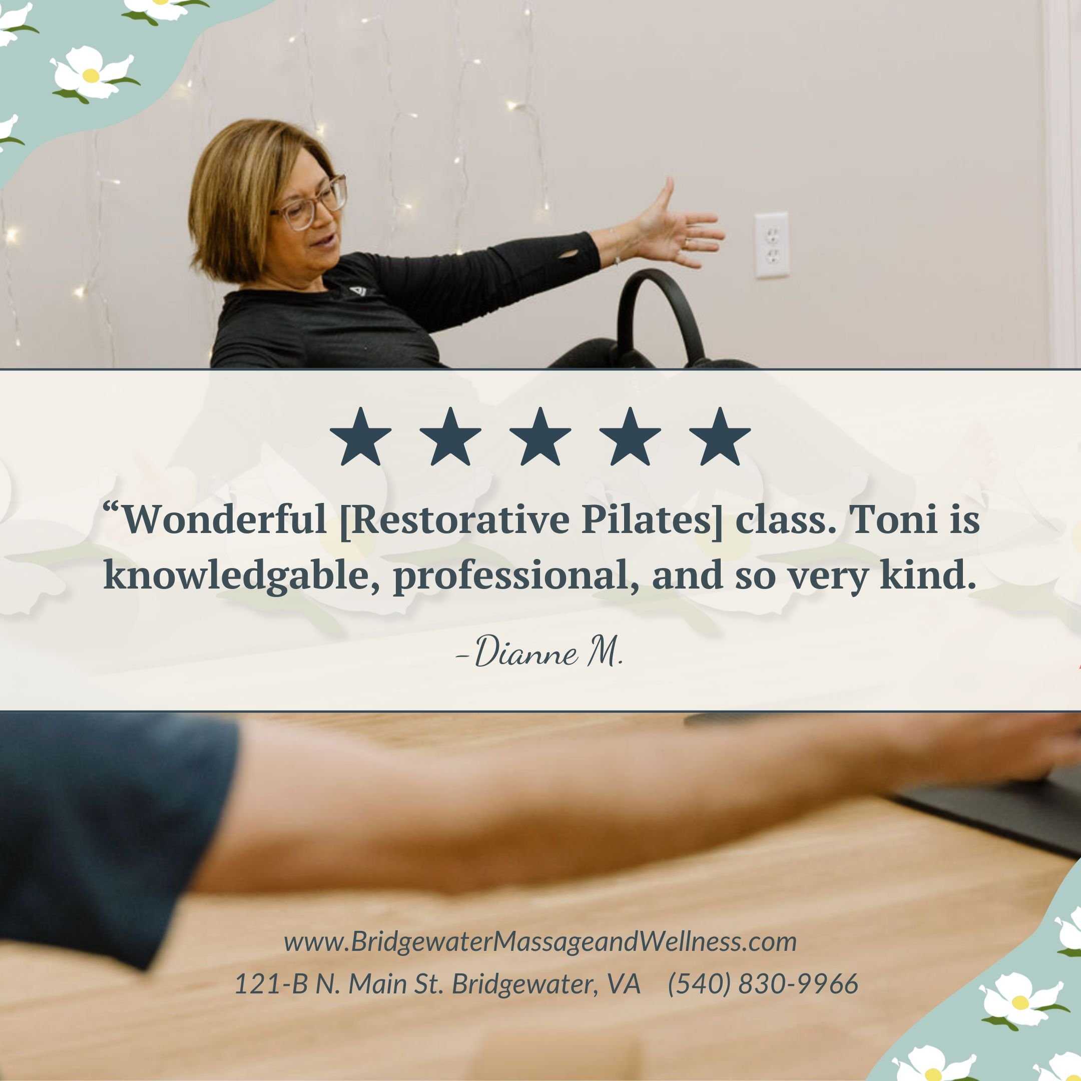 Pilates instructor in background with 5-star review placed over cream rectangle in foreground.