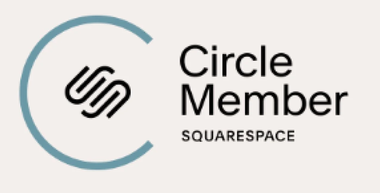 Squarespace Circle Member badge, depicting half circle with Squarespace logomark on the left and "Circle Member SQUARESPACE" on the right.
