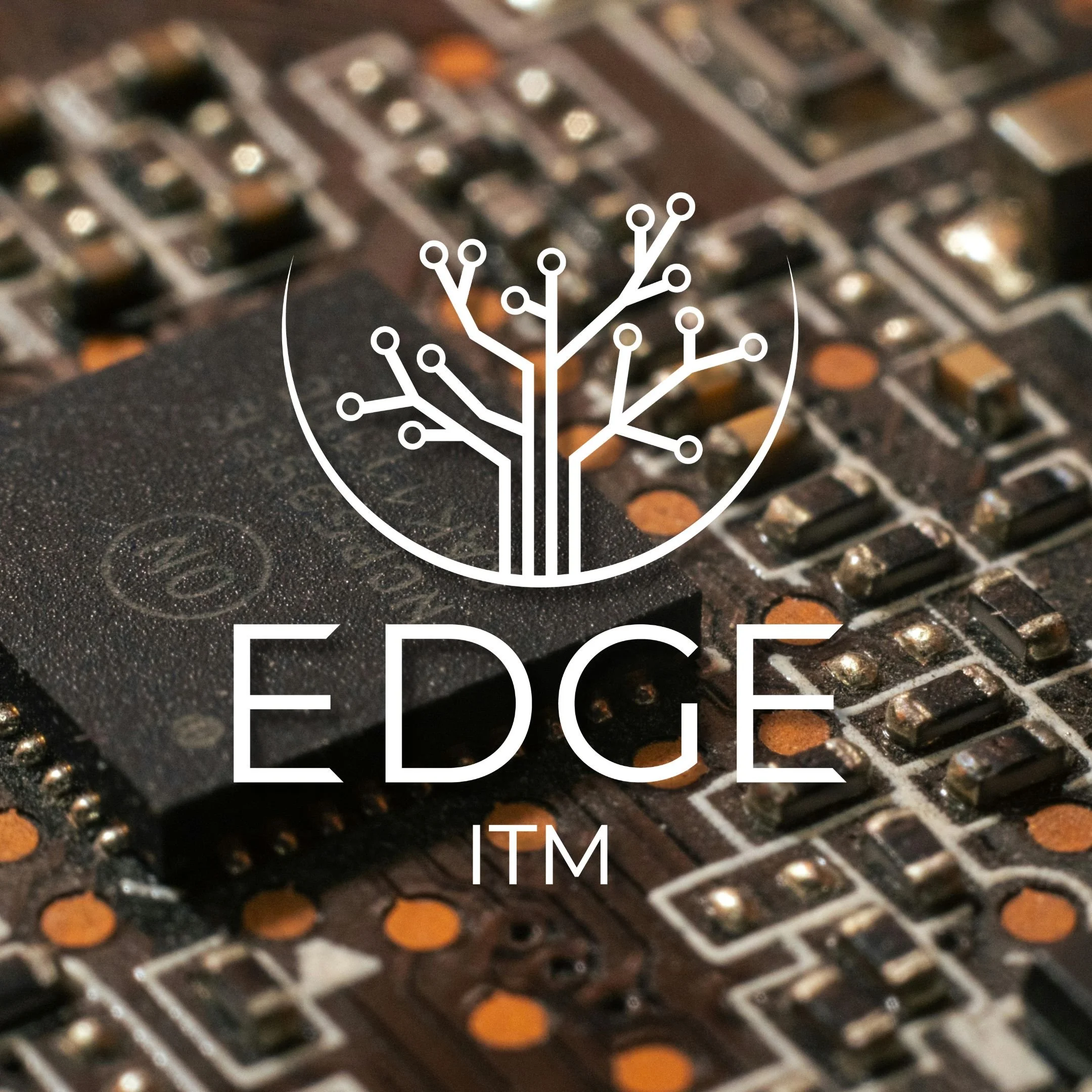 All white logo shown over a circuit board