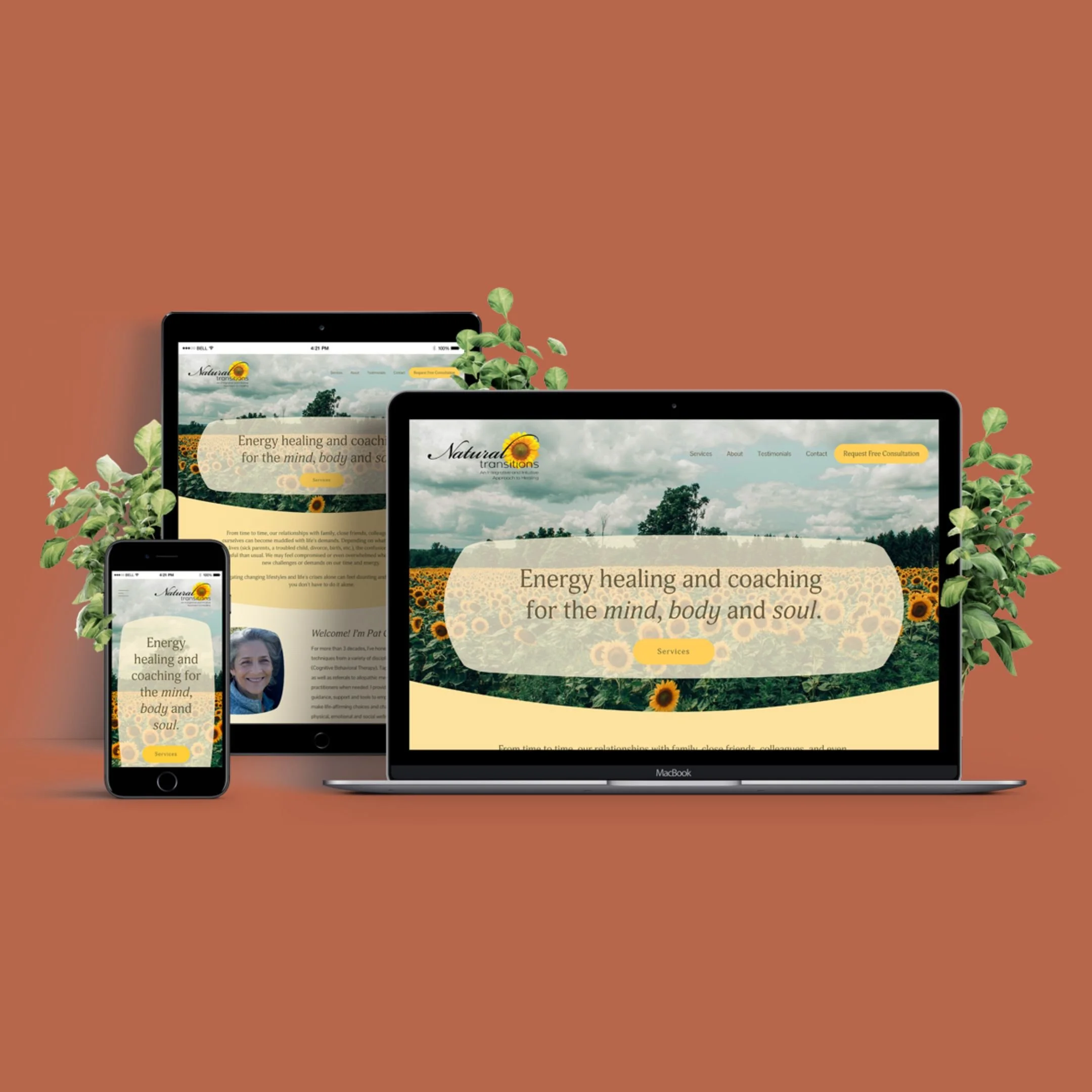 Left to right: Natural Transitions VA's new website is mocked up on a mobile phone, tablet, & laptop. Green plants accent on the left, middle, and right.