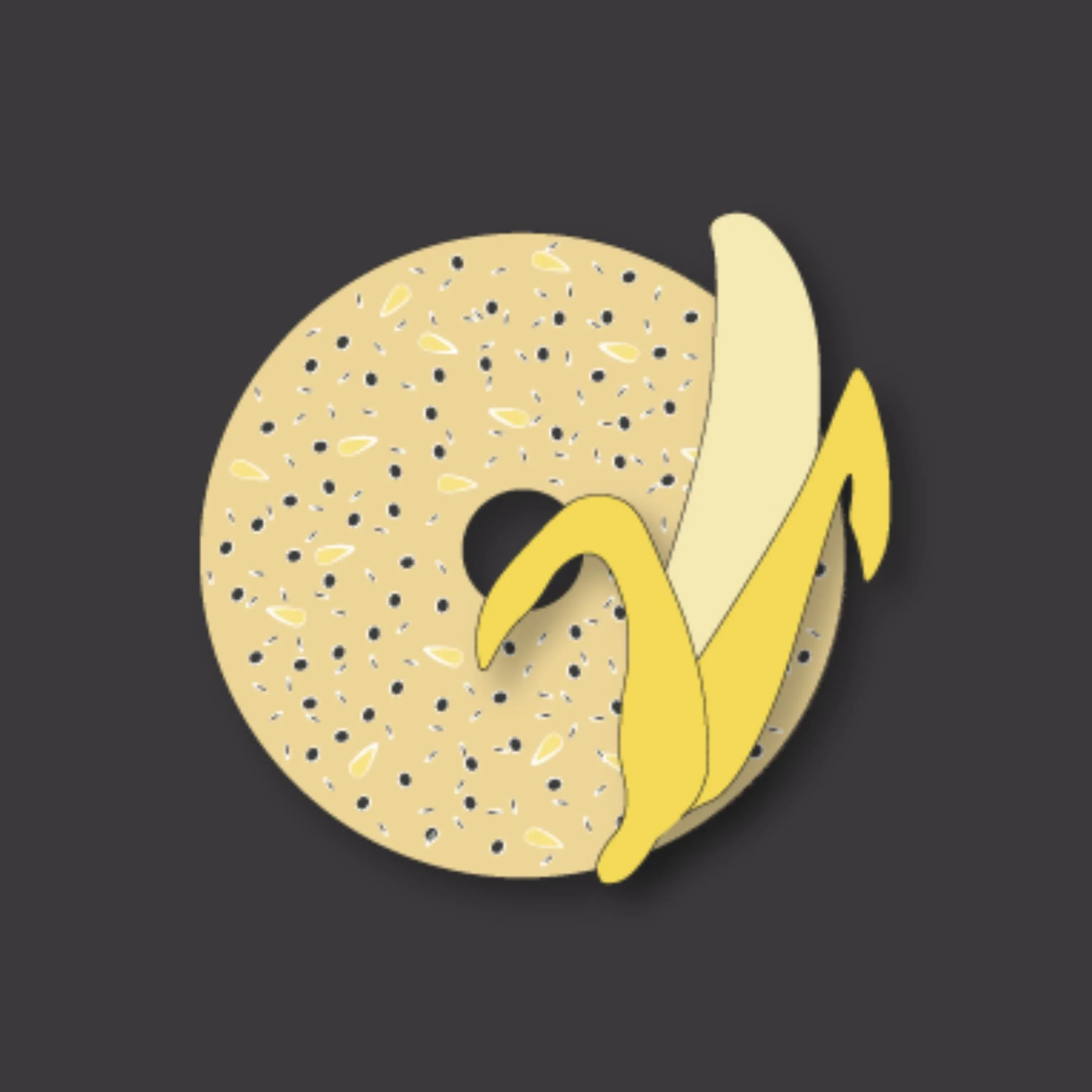 Bagel and banana only, centered over dark gray circular background