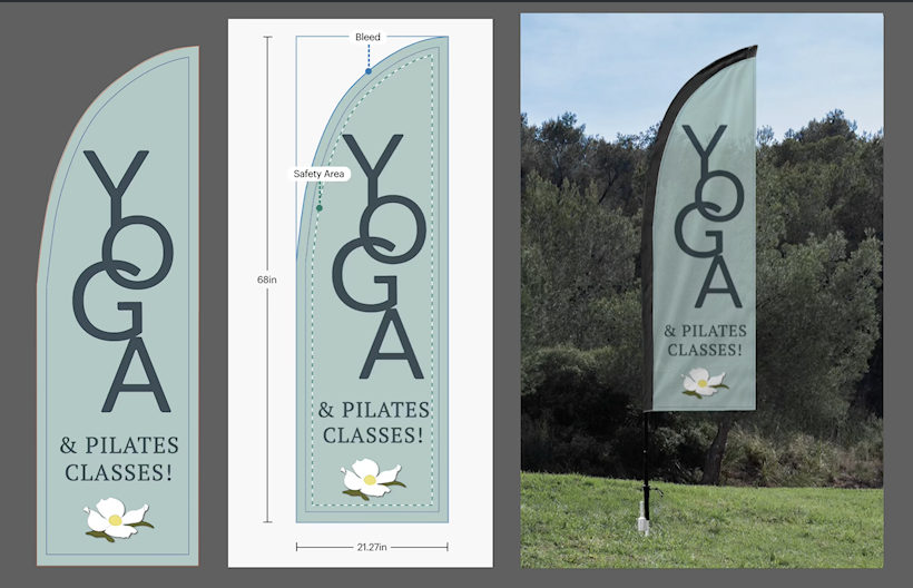 Roadside flag design showing "YOGA" written vertically with slightly overlapping letters, "& PILATES CLASSES!" below, and dogwood flower below. Right: Mockup of flag in grass with trees behind.