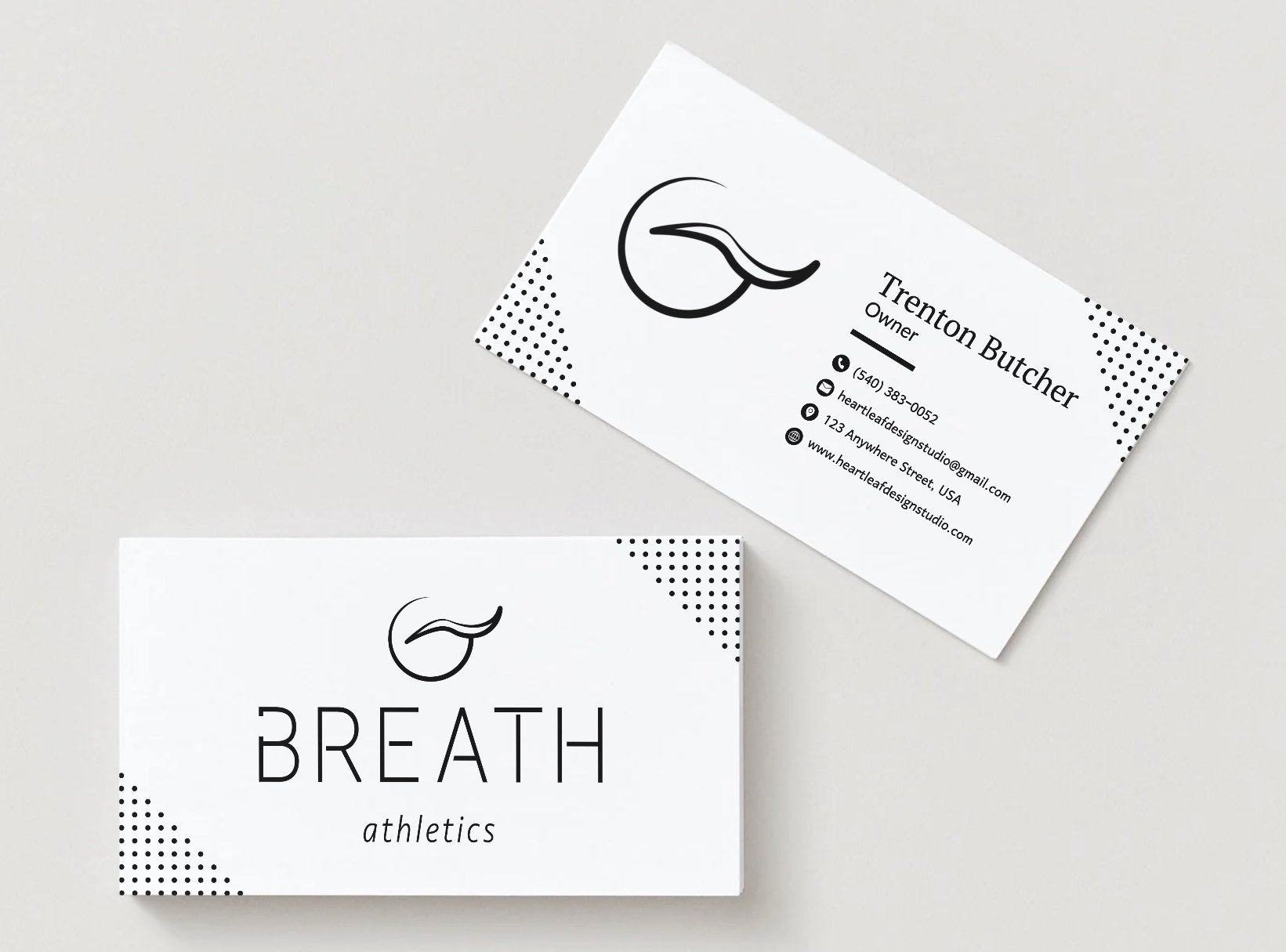Business card left: shows black BREATH logo on white card with dotted corner design on top right and bottom left. Card on right shows logomark on left with owner info on right and same dotted corner design.
