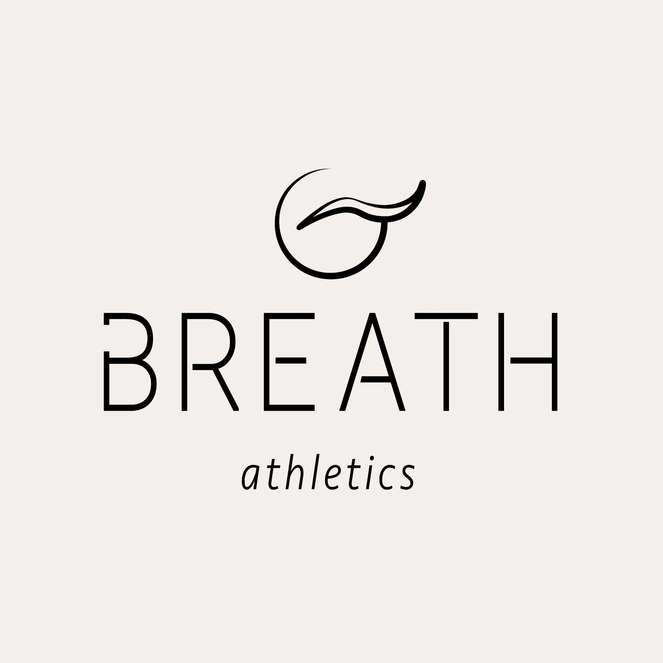 All black logo for BREATH athletics, featuring an incomplete circle with a swish through the right, representing air/breath, and the business name below.