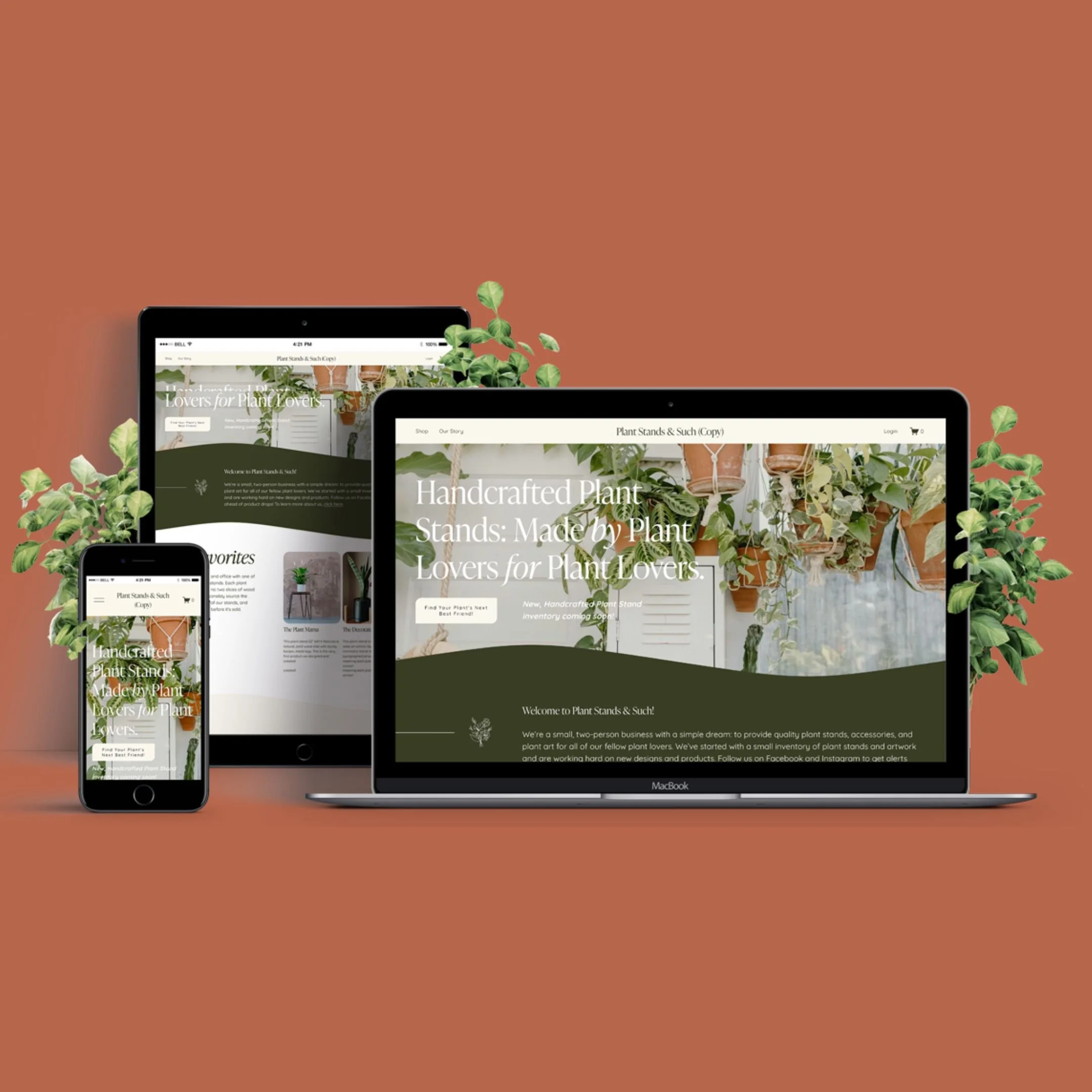Left to right: Plant Stands & Such's new website is mocked up on a mobile phone, tablet, & laptop. Green plants accent on the left, middle, and right.