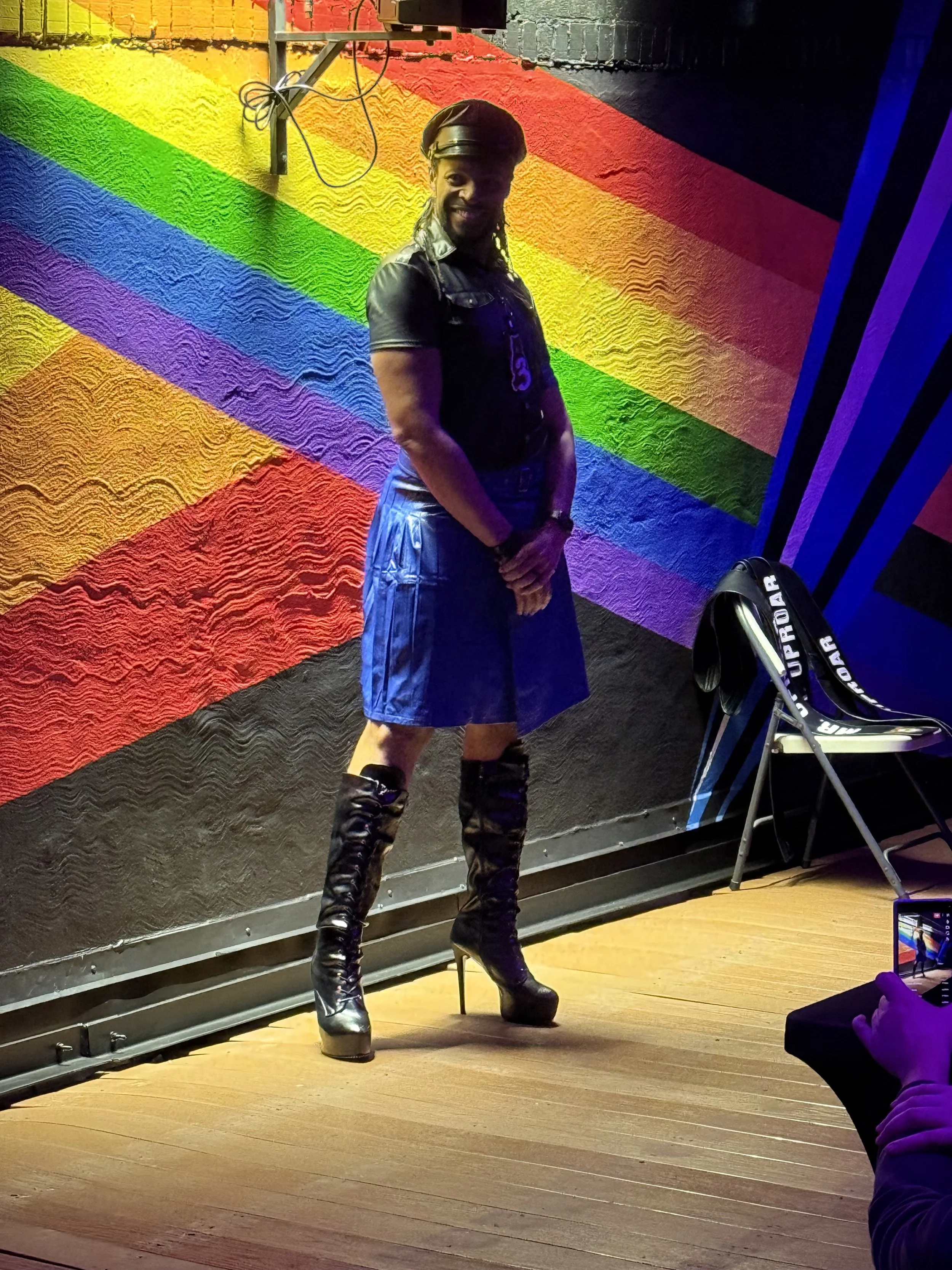 March 2025. Deshawn competing at Uproar's leather competition.