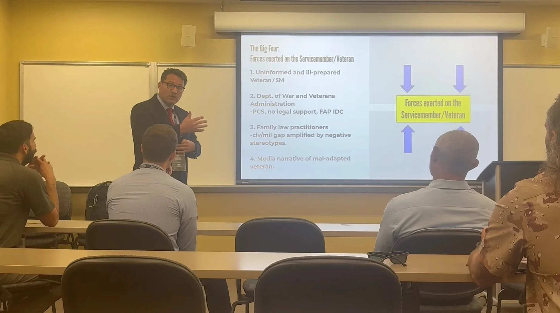 Erhan Bedestani presenting to the Pat Tillman Foundation on forces affecting service members and veterans in family court