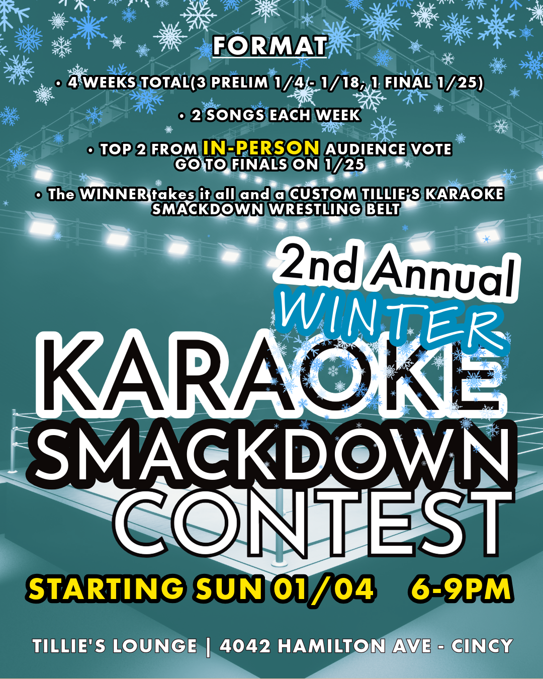 Promotional poster for Big Top Karaoke with Chuck, featuring a circus tent graphic, text about Friday night karaoke at 10 PM, and a person singing into a microphone.