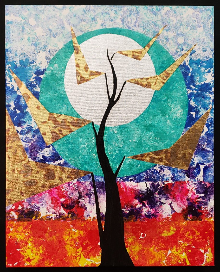 Limited Space Kasina -light moon-
"Apprehend space where the design isn't"
2019 acrylic on canvas with gold and silver leaf 16x20