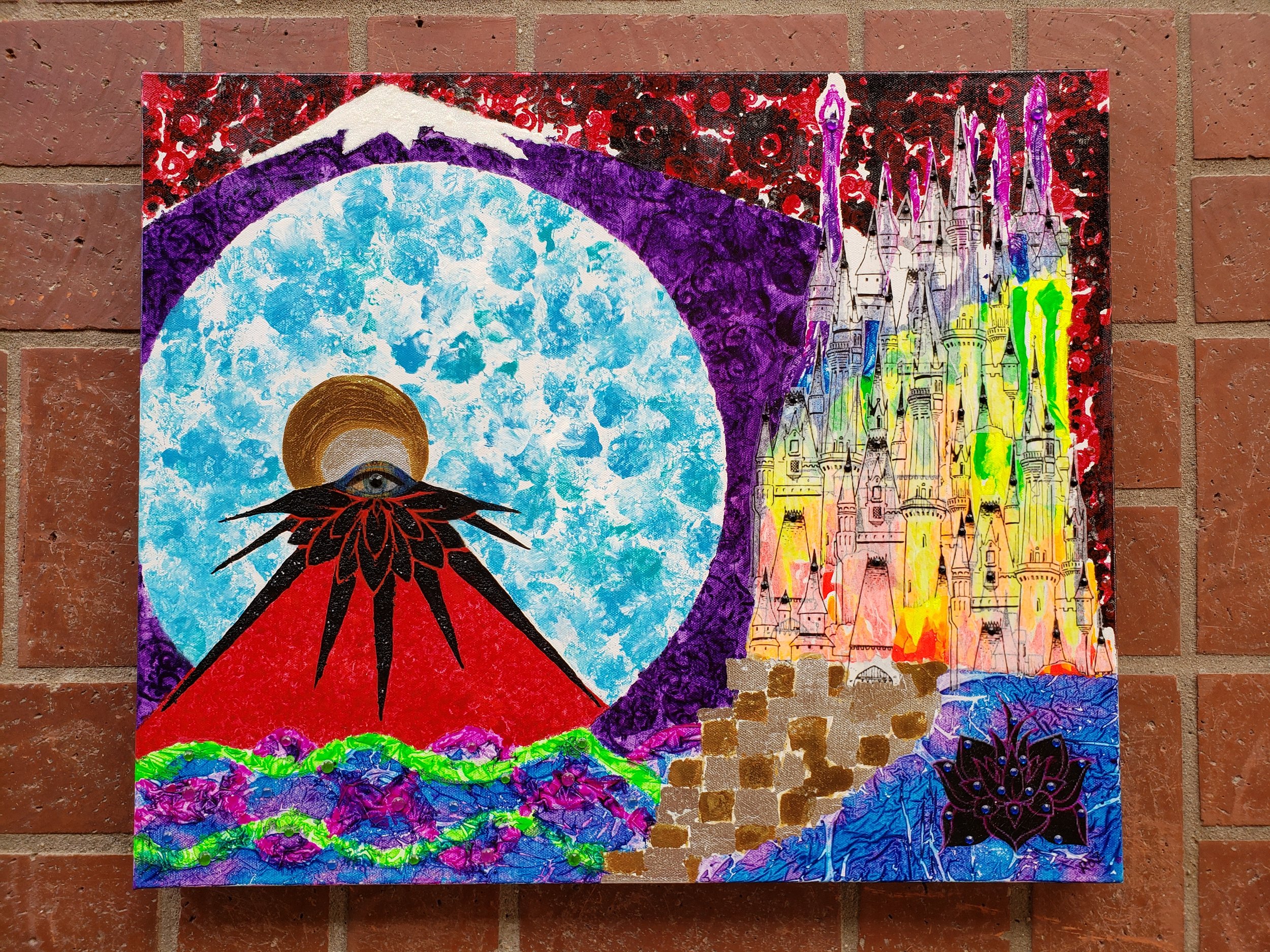 Primal Castle
"The light is easy to move but difficult to fix"
2017 acrylic on canvas with gold and silver leaf, decoupage, glitter, rhinestones 24x20