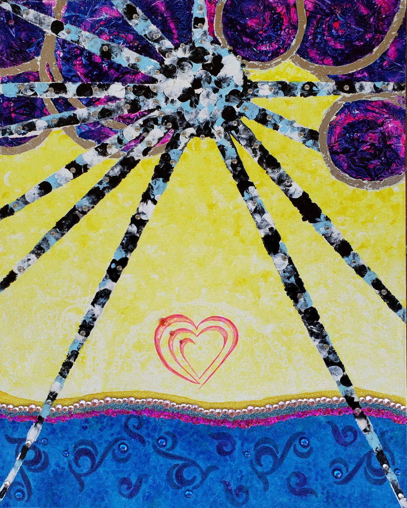 Father Mother Child
Playing on the beach at World's End
2015 acrylic on canvas with silver leaf, glitter, rhinestones, sequins 18x24
