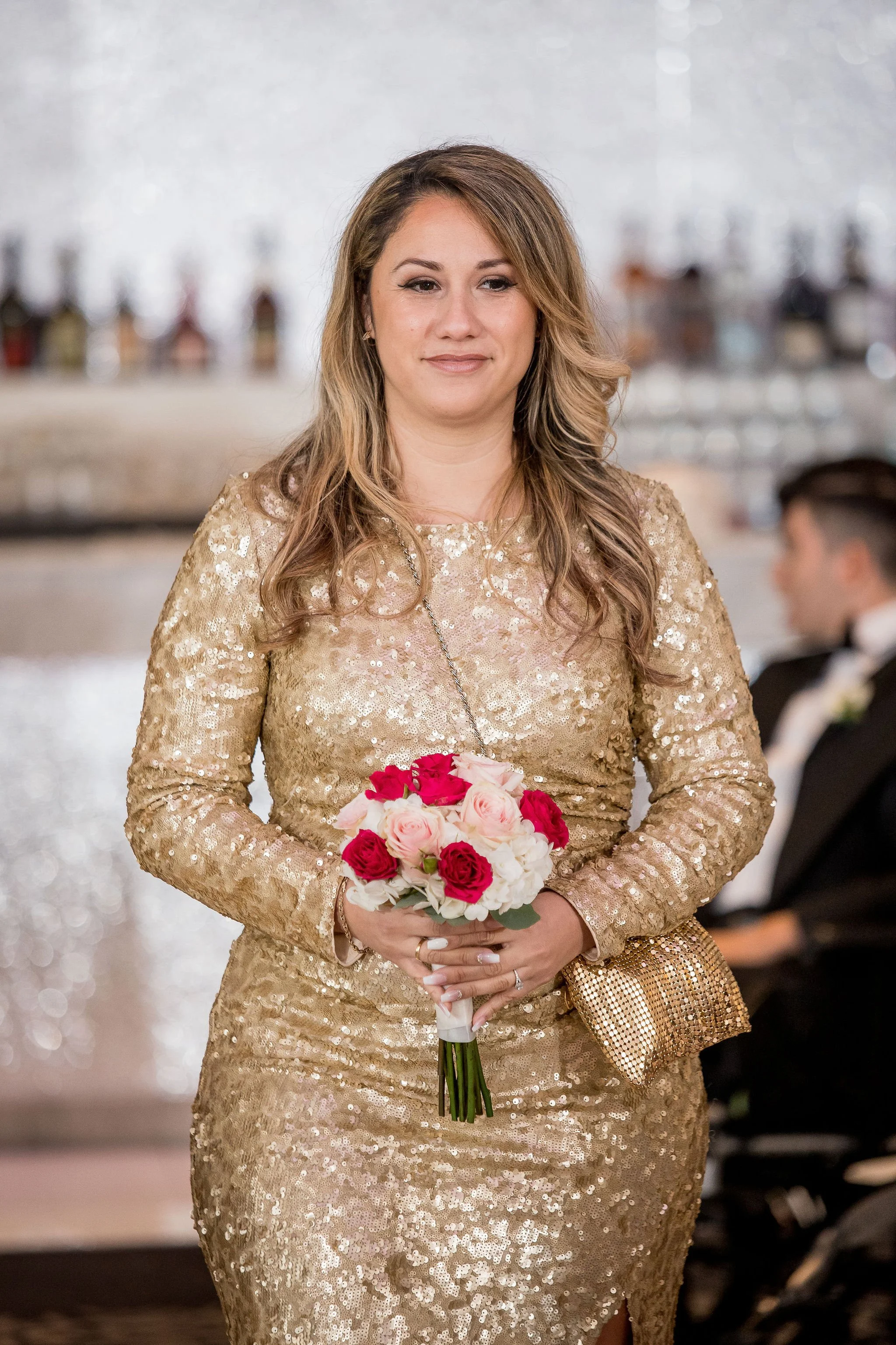 Portrait of a bride coming down the aisle on a wedding day with beautiful wedding dress