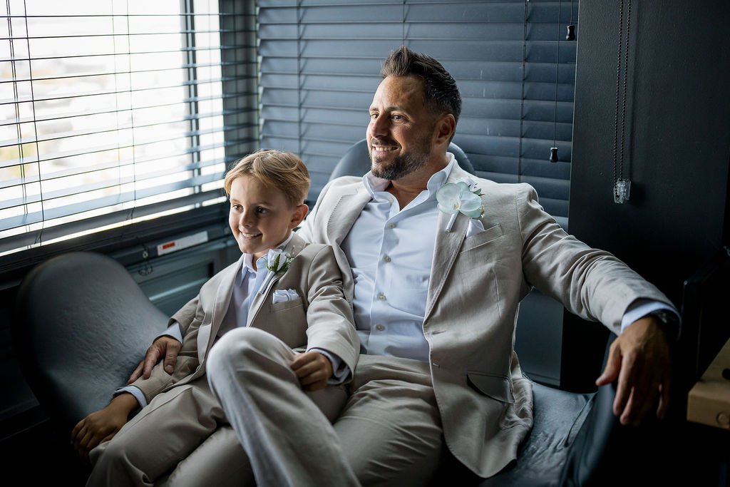 Montreal groom with his young son, dressed up for the wedding day