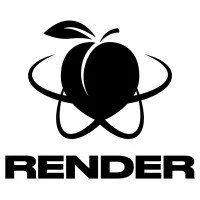 A black and white logo featuring a stylized raspberry with an atomic orbit around it, and the word 'RENDER' underneath.