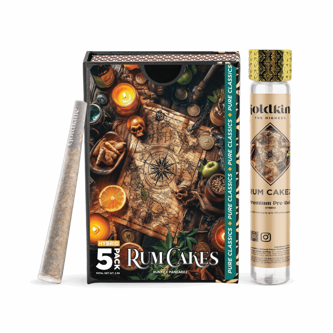 Goldkine | Rum Cakes | 0.5g x 5 Pre-Roll Pack | 28.39% THC | HYBRID (Match Box and Sticks Included)