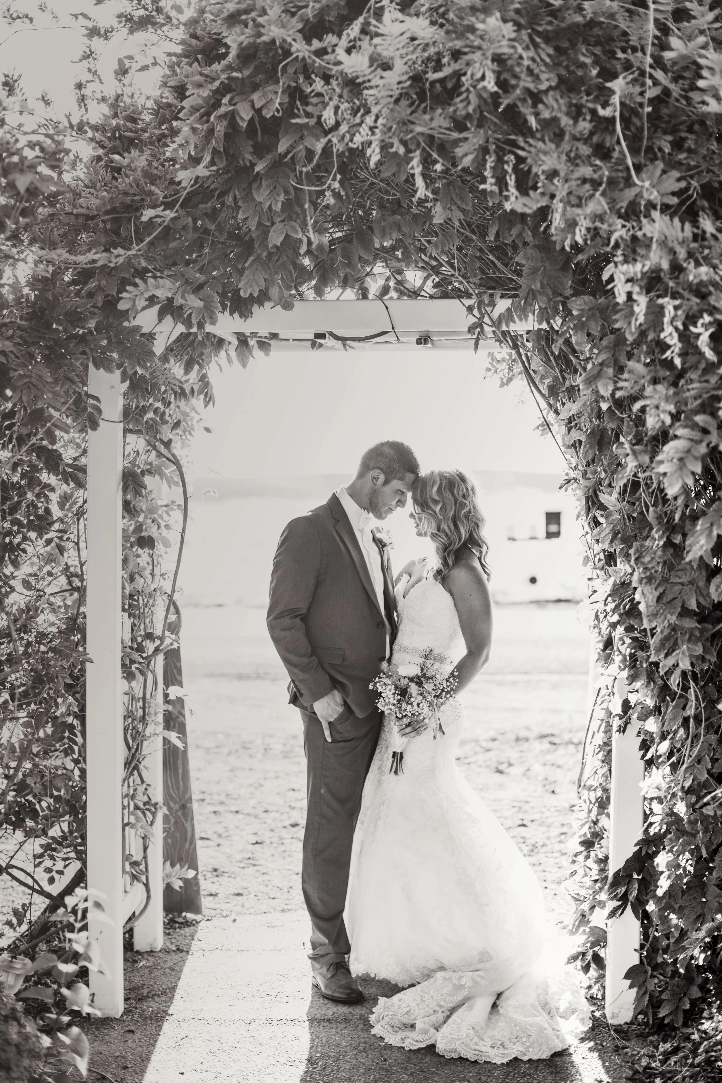 Bride and groom standing under a vine-covered archway, embracing on their wedding day.