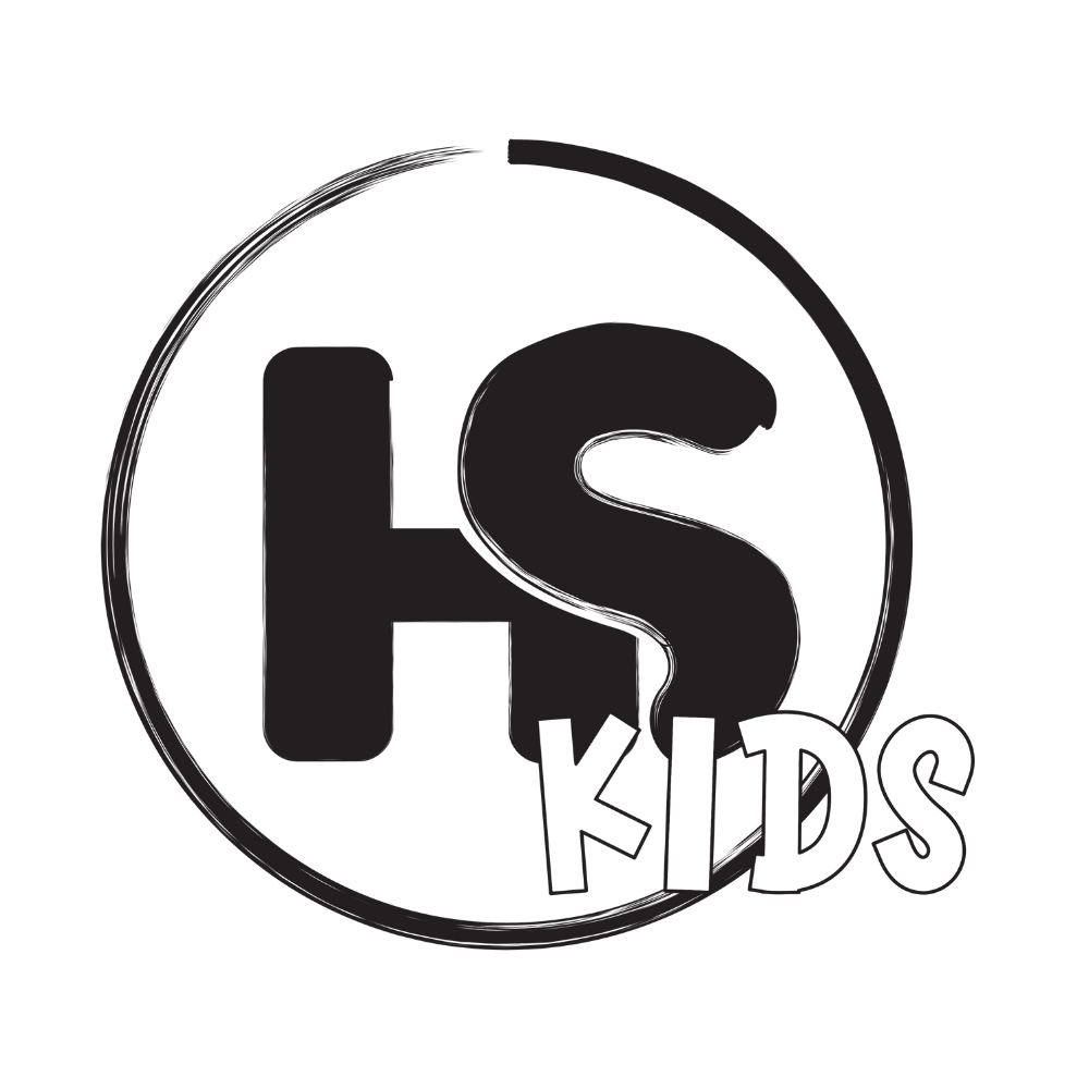 Black and white logo with letters "HS" in a circle, followed by the word "KIDS" in a playful font.