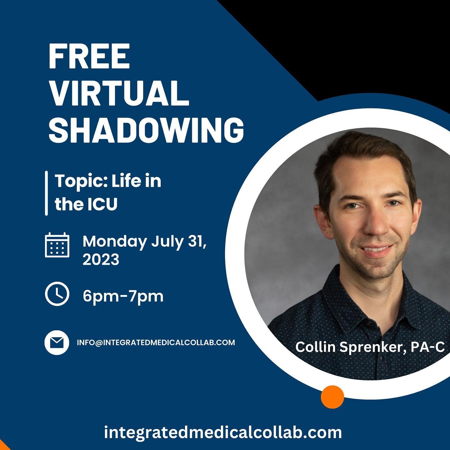 Join us for a free virtual shadowing  event! Our PA Collin will describe what a typical day in the life of an ICU provider is like utilizing case presentations and describing the role of the multidisciplinary team! This is a great opportunity to get 