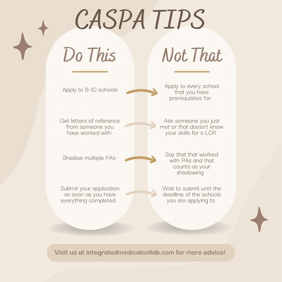 Still working on your CASPA application? Here are some great tips to follow before sending out your application! 

1. We recommend to apply to about 8-10 school. We know it&rsquo;s tempting to apply to as many schools as you can but in our experience