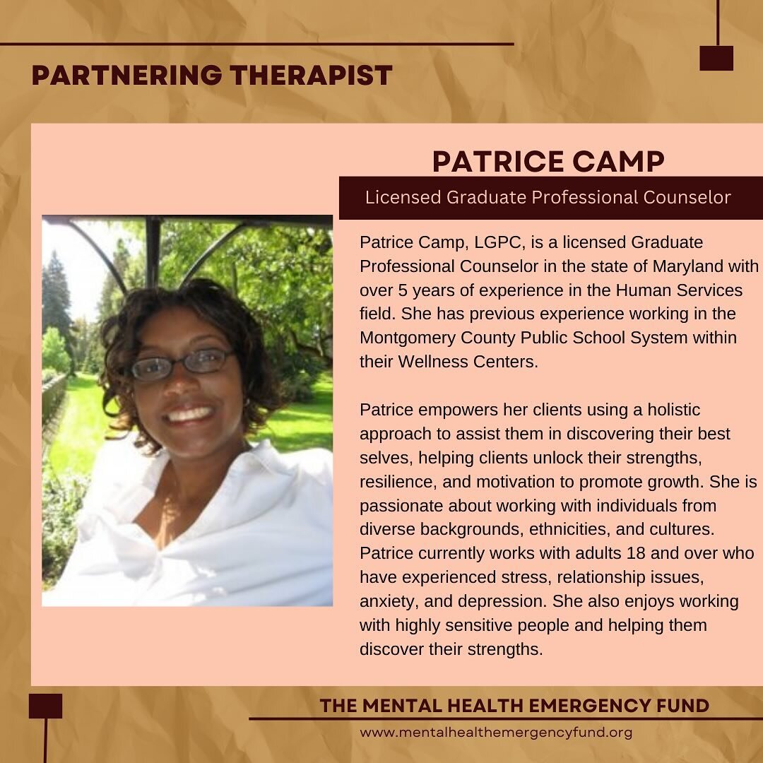 It&rsquo;s #TherapistThursday!

Patrice Camp, LGPC, is a licensed Graduate Professional Counselor in the state of Maryland with over 5 years of experience in the Human Services field. She has previous experience working in the Montgomery County Publi