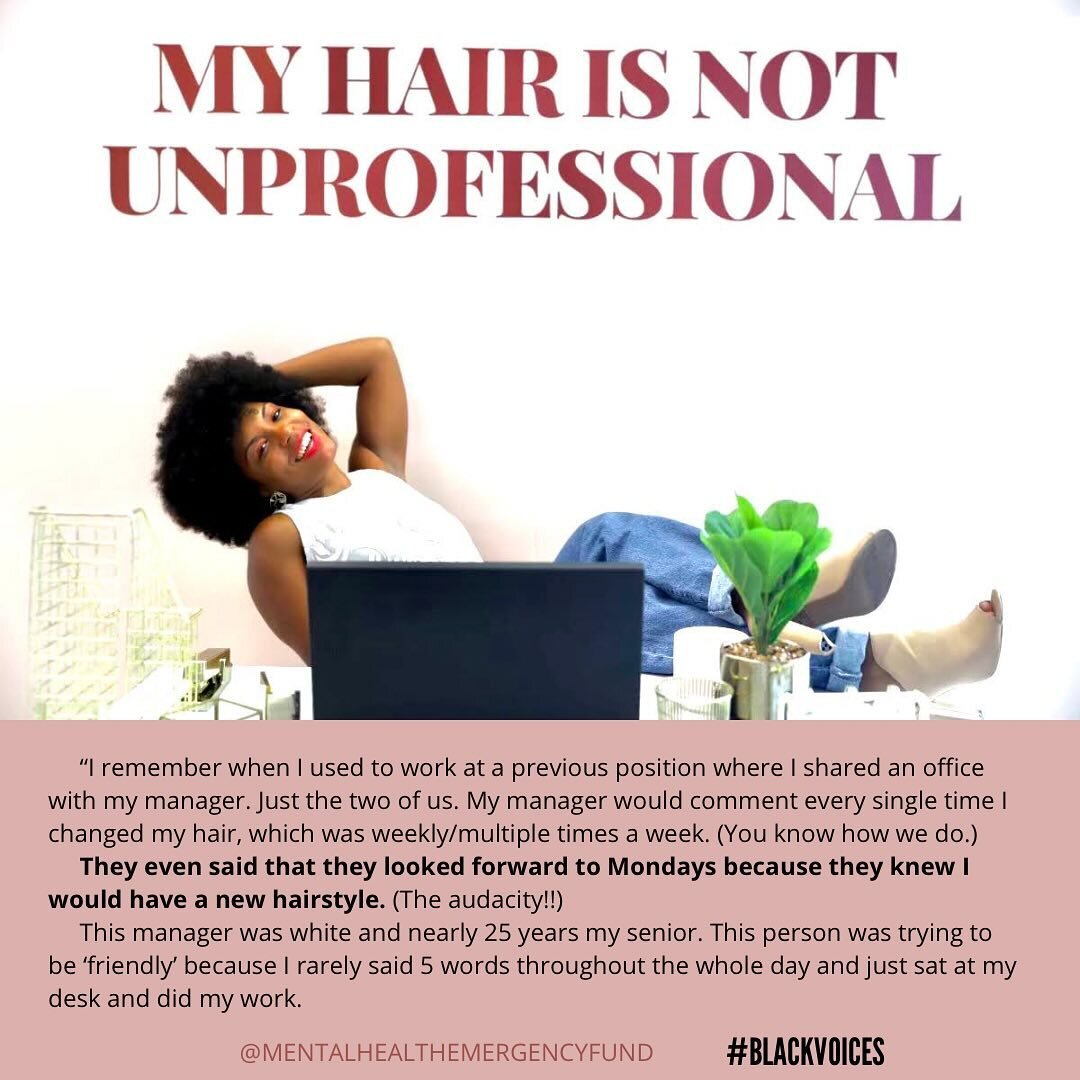 Our first #BlackVoices feature is from our very own Founder, @jessicasmithmedia ✨✍🏾

Have any of you experienced microaggressions about your hair at work?

Share your experience in the comments below 👇🏾or submit your story to mentalhealthemergency