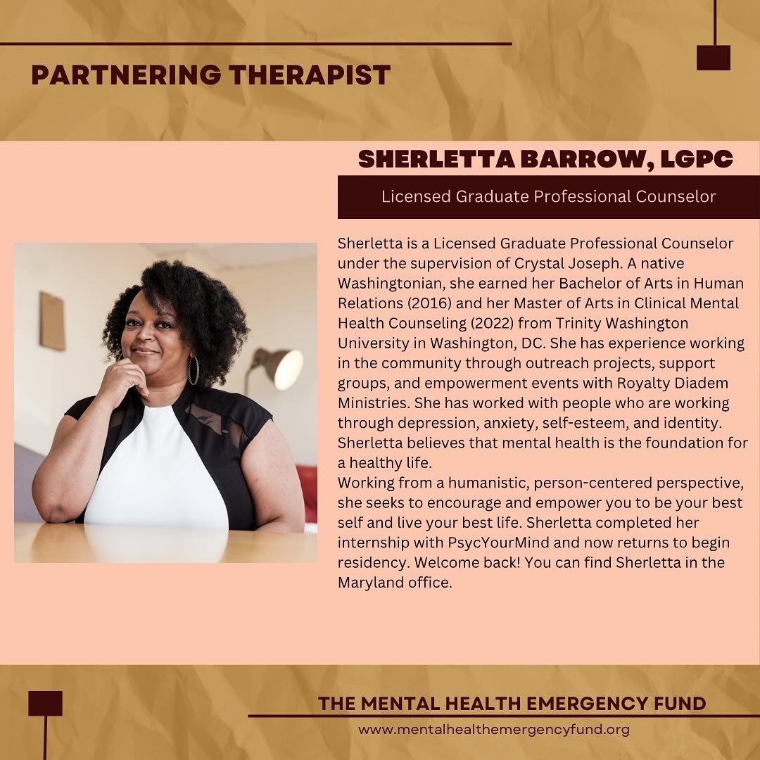 It&rsquo;s Therapist Thursday! Meet Sherletta Barrow, LGPC.

Sherletta is a Licensed Graduate Professional Counselor  under the supervision of Crystal Joseph. A native Washingtonian, she earned her Bachelor of Arts in Human Relations (2016) and her M