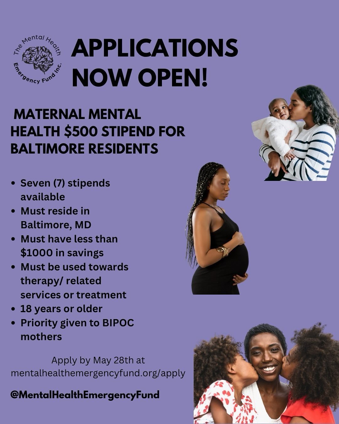 It&rsquo;s Maternal Mental Health Awareness Week and we&rsquo;re celebrating by opening up a round of stipends JUST FOR MOTHERS! 🤰🏽🤱🏾👩🏿&zwj;🍼

1. Must be a Baltimore, MD resident

2. Must identify as a mother or be pregnant

3.  Must have acce