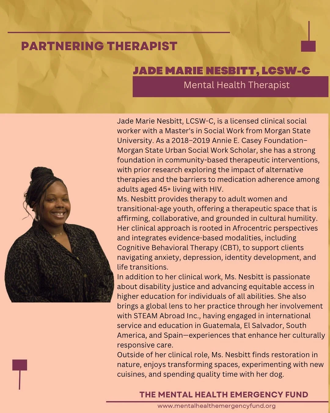 It&rsquo;s Therapist Thursday!!

Meet Jade Nesbitt, LCSW-C.

Jade Marie Nesbitt, LCSW-C, is a licensed clinical social worker with a Master&rsquo;s in Social Work from Morgan State University. As a 2018&ndash;2019 Annie E. Casey Foundation&ndash;Morg