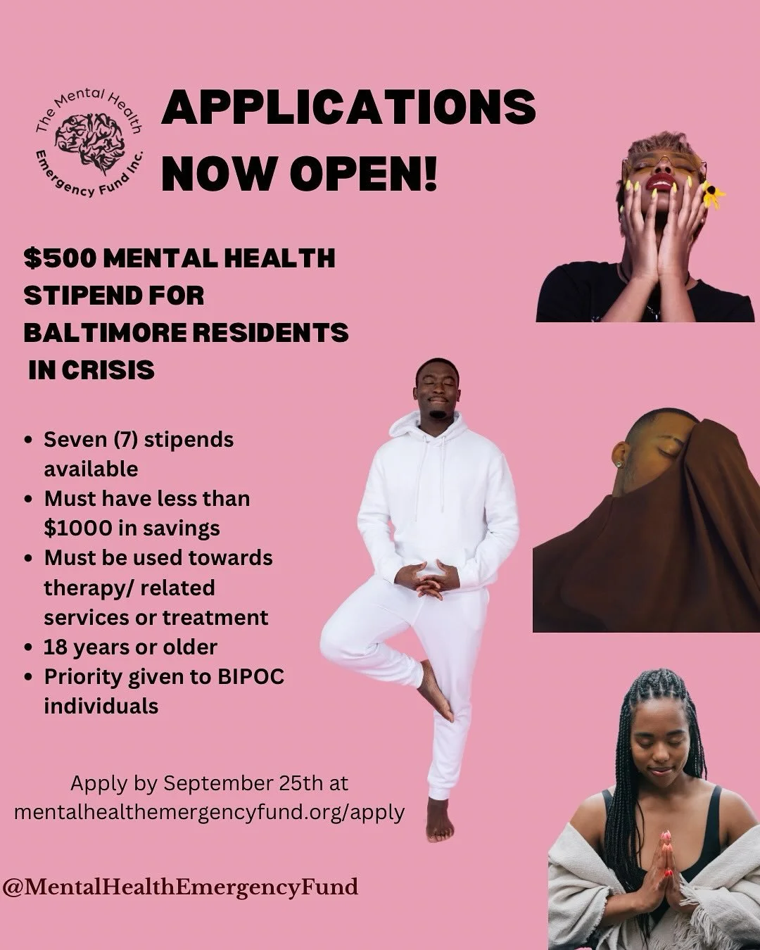 Share widely!!

Applications are now open for our $500 mental health stipend. Seven (7) people will be selected.

&bull;Must be 18 years or older 
&bull;Must be a Baltimore resident 
&bull;Must have access to less than $1000 in an emergency fund
&bul