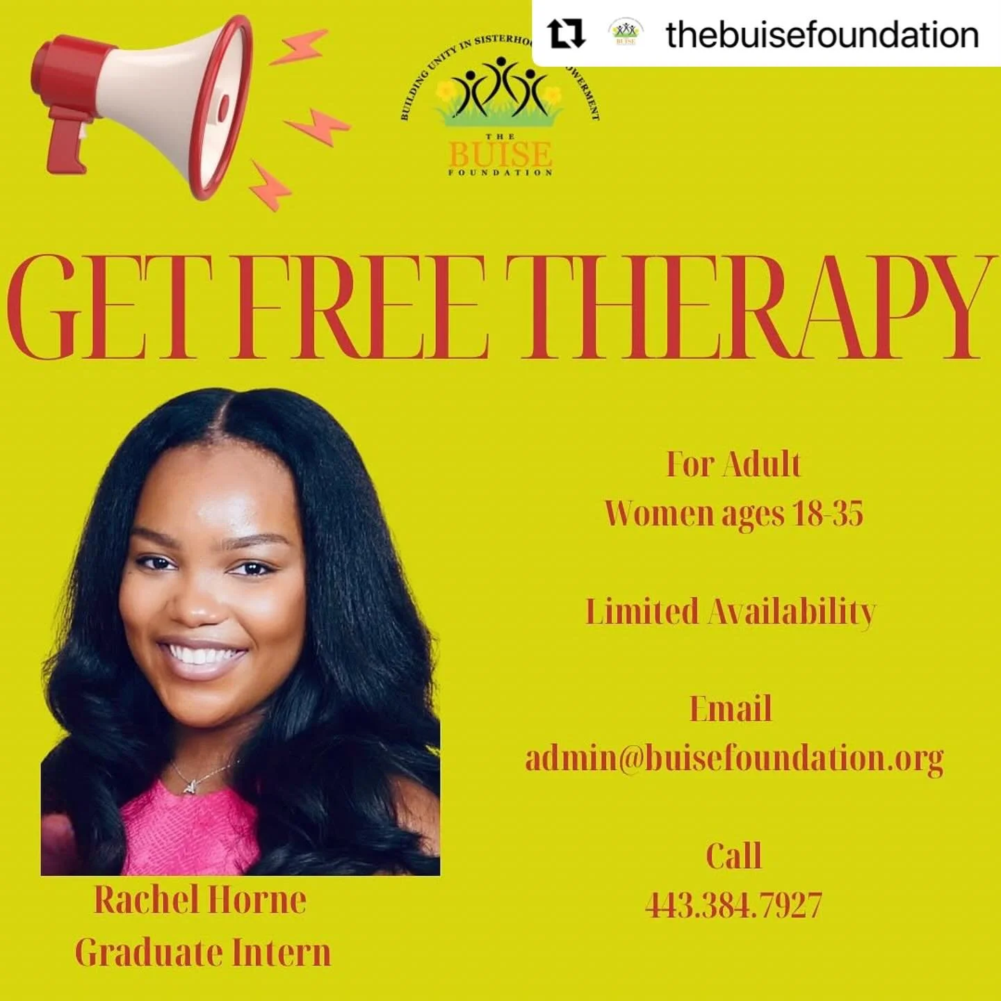#Repost @thebuisefoundation 
・・・
Our graduate intern had spots for free therapy and this time she is supporting Adult Women!!! 

Do you know someone that can benefit from free therapy?

Our graduate intern is supervised by Founder &amp; CEO, Tunisia 