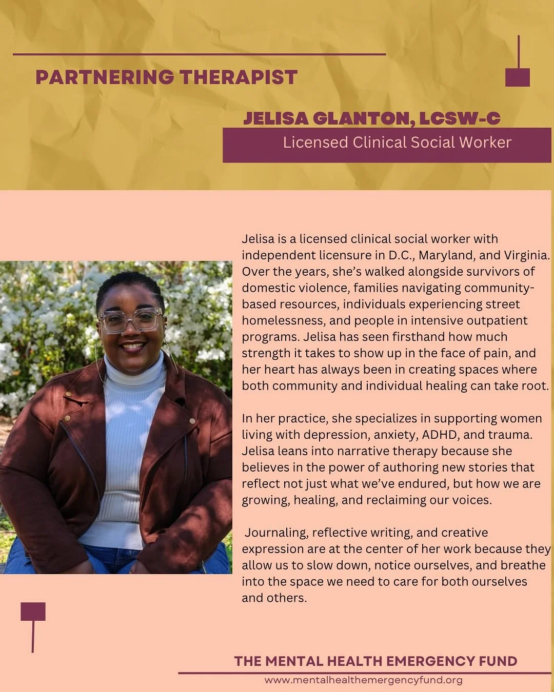It’s Therapist Thursday!
Meet Jelisa Glanton, LCSW-C, owner of Therapeutically Inclined.
Jelisa is a licensed clinical social worker with independent licensure in D.C., Maryland, and Virginia. Over the years, she’s walked alongside surv