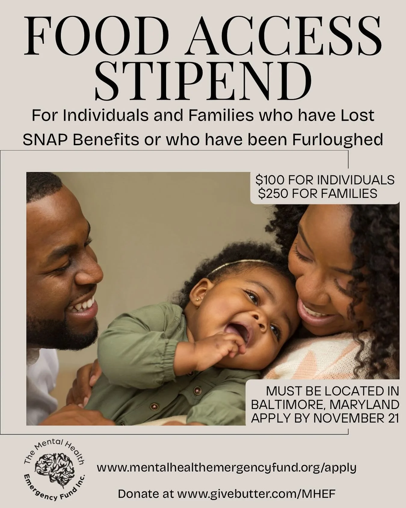 Baltimore, we got you! 🫶🏾

The Mental Health Emergency Fund is giving away 20 stipends in the amount of $100 for individuals and $250 for families who have been furloughed and/or who have lost SNAP benefits.

Applicants will be selected randomly.
Y