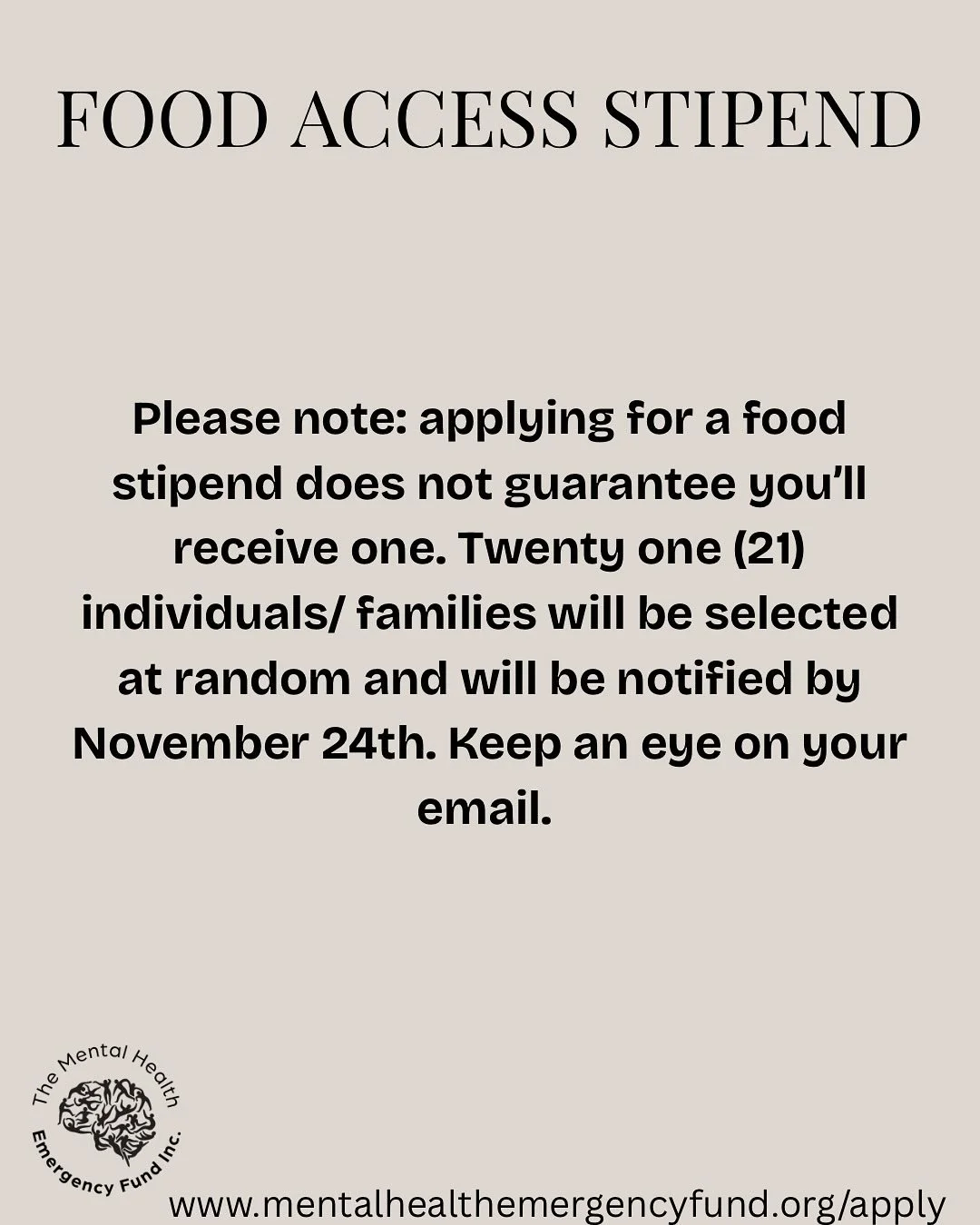1 more week left to apply!

Please note: applying for a food stipend does not guarantee you&rsquo;ll receive one. Twenty one (21) individuals/ families will be selected at random and will be notified by November 24th. Keep an eye on your email. 

App