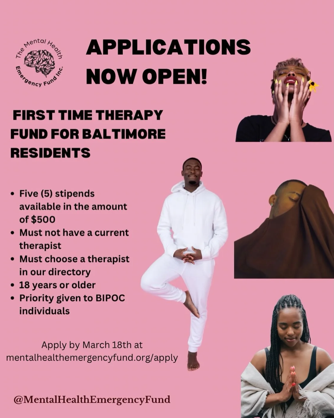 We&rsquo;re back with a twist!

Introducing our First Time Therapy Fund. Stipends will still be given in the amount of $500 but you must not have a current therapist and you must choose a therapist on our directory that has 60+ therapists.

&bull;mus