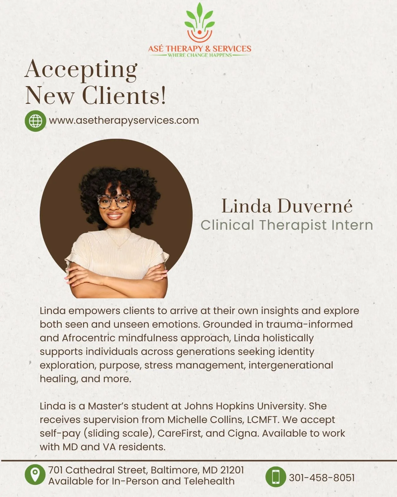 It&rsquo;s Therapist Thursday!

Meet Linda Duverne&rsquo;, Clinical Therapist Intern at Ase&rsquo; Therapy and Services.

 Linda Duvern&eacute; empowers clients to arrive at their own insights and explore both seen and unseen emotions. Grounded in he