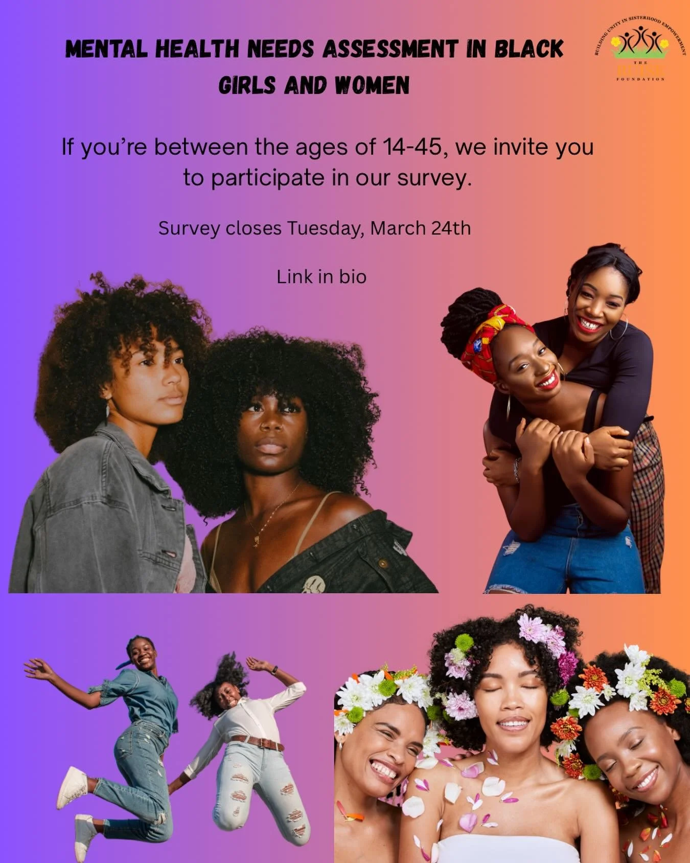 Are you a Black girl or woman between the ages of 14-45? We invite you to take a quick needs assessment survey. Your answers will remain anonymous. Survey results will be used to create more mental health resources in the community.

This is for our 